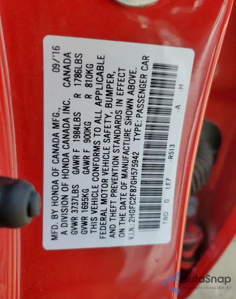 2016 Honda Civic Ex from USA, damaged, VIN 2HGFC2F87GH575942